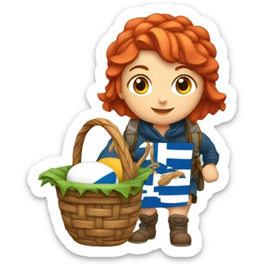 Greek red hair female winter mountaineer climbing with Easter eggsbasket and Greek flag sticker