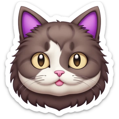 a dark-brown fluffy cute kawaii anime cat thinking frowning thoughtfully, saying “hmm” with a purple speech bubble sticker