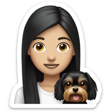 teenage white girl with black straight hair holding a yorkie dog sticker