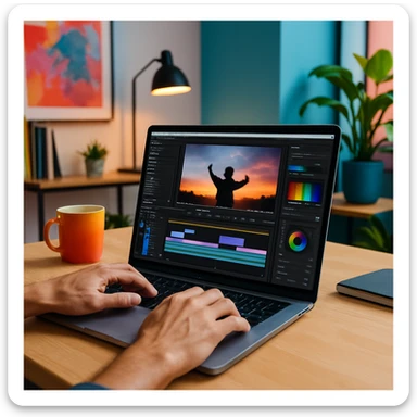 video editor working on a MacBook in a modern workspace with a creative atmosphere, clear focus on editing software on the laptop screen, vibrant colors, clean composition sticker