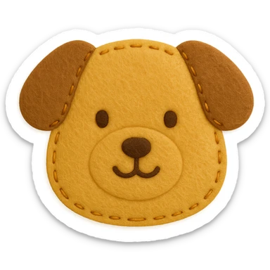 <StylePrompt>
  <Name>Minimal Felt Appliqué Icon</Name>
  <Description>
    A soft, handcrafted felt icon style with lightly padded forms, simple shapes, and clean outlines. Features slightly more visible stitching for tactile charm while maintaining a low-detail aesthetic.
  </Description>
  <VisualProperties>
    <Material>Felt</Material>
    <Texture>Soft, matte surface with subtle fiber detail</Texture>
    <Stitching>
      <Type>Threaded edge stitch</Type>
      <Color>Muted orange or warm brown</Color>
      <Pattern>Evenly spaced running stitch around edges</Pattern>
      <Thickness>Medium (approximately 10% more pronounced than minimal)</Thickness>
      <Contrast>Moderate (stitch color clearly distinct from base felt)</Contrast>
    </Stitching>
    <Padding>Low to moderate—slightly raised but not deeply dimensional</Padding>
    <Edges>Smooth and rounded with clean curves</Edges>
    <ColorPalette>
      <Primary>Warm yellows, oranges, and browns</Primary>
      <Accent>Dark brown for facial features</Accent>
      <Background>Neutral off-white or soft beige</Background>
    </ColorPalette>
  </VisualProperties>
  <FacialFeatures>
    <Eyes>Small round dots</Eyes>
    <Nose>Simple oval or triangle</Nose>
    <Mouth>Minimal curved line or none</Mouth>
    <DetailLevel>Low</DetailLevel>
  </FacialFeatures>
  <Rendering>
    <Lighting>Soft and diffused</Lighting>
    <Shadows>Subtle, barely visible</Shadows>
    <Perspective>Front or side profile, flat angle</Perspective>
  </Rendering>
  <Applicability>
    <SubjectType>Animals, symbols, objects</SubjectType>
    <OutputFormat>Icon, patch, or sticker</OutputFormat>
  </Applicability>
</StylePrompt>

{subject} = dog sticker