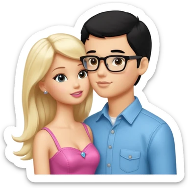 pretty light blonde girl barbie kissing boy nerd with black hair and tan skin on the cheek sticker