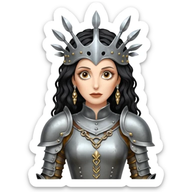 realistic cinematic actress Cher in baroque styling like Joan of Arc dirty damaged armor in a forest sticker
