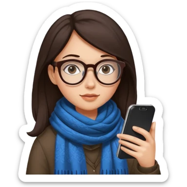 Fille châtain foncé avec lunettes. Elle porte une grosse écharpe. Elle est sur dans un toilettes. Téléphone en main sticker