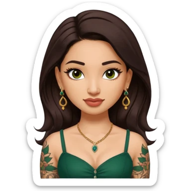pretty bratz genmoji that looks like tamannah bhatia (bollywood actress), wearing a dark green sweetheart neckline top, dark brown hair, light makeup, no necklace, dangly earrings, side hair part, dark brown eyes, with full tattoos and neck tattoo sticker