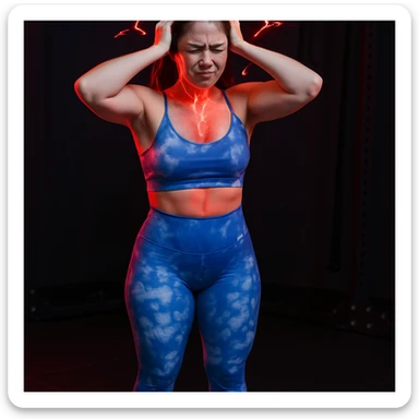 Realistic style edit of the girl identical to the photo with both hands on the head, face contracted in pain, pain symbols like red lights and lightning on neck and head. sticker
