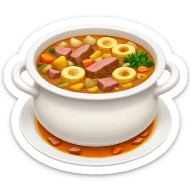 Cinematic Realistic Sancocho Soup Dish Emoji, featuring a rich, hearty stew with diverse meats and vegetables rendered with lifelike detail and warm, comforting lighting. sticker