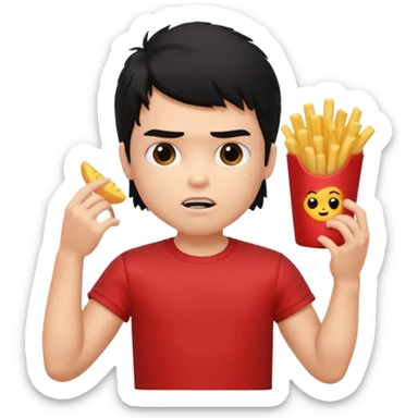 generate a pretty fair bratz boy with a messy mullet (black hair), wearing a red tshirt. eating fries, big biceps sticker