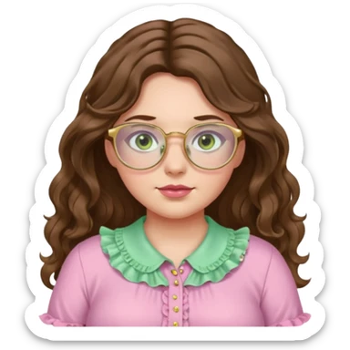 Girl girl long wavy brown hair with middle part, pale green eyes, plus size, pink frilly shirt, gold rimmed glasses sticker