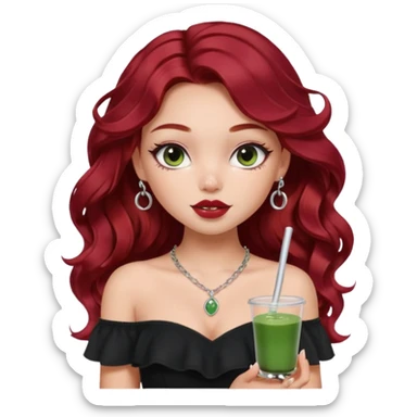 a pretty fair bratz girl with wavy dark red hair, wearing a black off shoulder top . silver dainty layered necklaces, carrying a matcha sticker