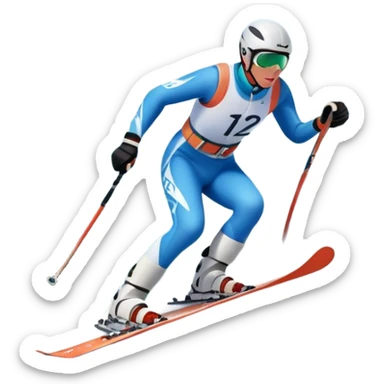 An icon featuring a skier racing down a snow-covered slope, surrounded by snowy peaks, pine trees, and a picturesque mountain landscape. The sky is blue with soft clouds, capturing the thrill and beauty of alpine skiing. Transparent background  sticker