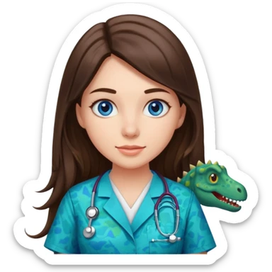 pretty brunette nurse with long hair and blue eyes in dinosaur pattern scrubs sticker