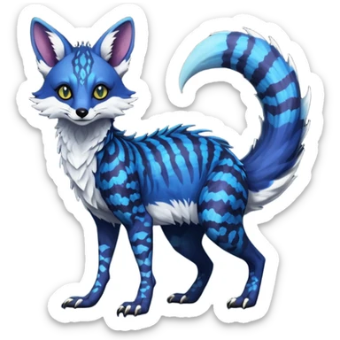 Feral Rare Fantasy scaled scaly evil spooky vibrant dark shady shaded detailed deep-dark-cobalt-blue-gradients-colored colorful Vernid-Sergal-Genet-Trico-Fox-species by LiLaiRa, with dark-blackish points, white belly, random markings, tufted tail, tufted ears, full body sticker