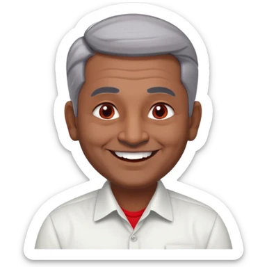 50 yr old indian man, dark skin, grey hair, big smile, white teeth, chubby, no moustache, clean shaven, young style hair, hair brushed back, 5 oclock shadow, bindy on forehead, dress shirt, red dot sticker