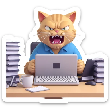 enraged overworked cat in wrinkled shirt eyes wide with irritation typing aggressively on keyboard stacks of files empty coffee cups showing visible stress annoyance sticker