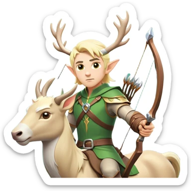 clash-of-clans-aesthetic-blond-male elf-archer-portrait-emoji, rendered in a flat, vector-style with minimal shading and bold, simplified shapes, head tilted slightly forward with a determined, focused expression, riding a majestic white stag whose antlers glow with mystical energy, set against an ancient, enchanted forest backdrop. sticker