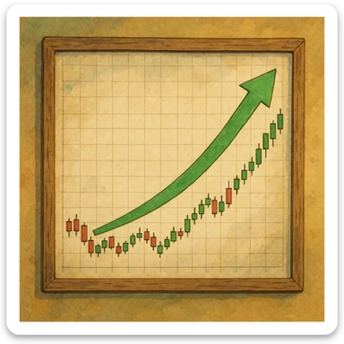 ghibli style illustration of a stock chart with green arrow going up sticker