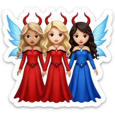 Three women as devil fairies with wings, brown eyed light skin with dark blonde long hair and Brown eyed light skin black long wavy hair and blue eyed light skin long blonde hair sticker