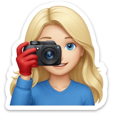  blue eyes blonde girl photographer cartoon taking picture in middle of taking picture camera in front of face long hair smiling funny flash professional, camera in front of face sticker