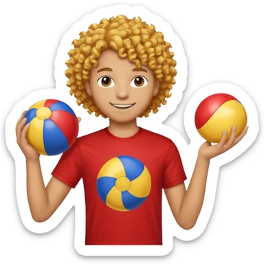 una persona de 18 años marron clarito con el pelo amrillo rizado con una camiseta roja y azul con un logo circular dorado y levantando un balon de playa sticker
