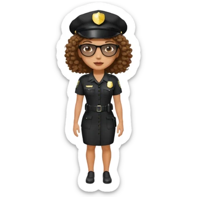 woman police wearing black dress with sun glasses curly hair and hat sticker