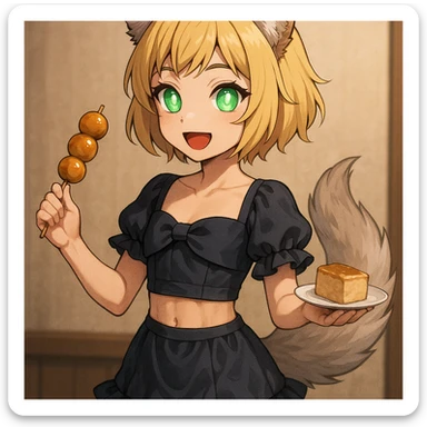 Demon Slayer style girl, 155 cm, 15 kg, short blonde hair, wolf furry ears and tail, glowing green amethyst eyes, hourglass body, toned abs, soft red lips, smooth skin, wearing cute evening outfit, holding food, happy lively look sticker