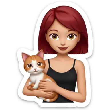 generate a pretty fair bratz girl with short dark red hair holding a cat smiling. Wearing a black cami sticker