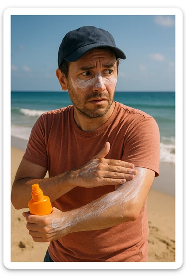 uomo a mare che si mette la crema solare perchè ha paura del sole realistica sticker