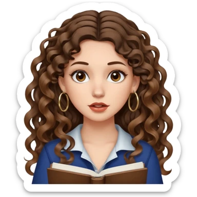 cute girl with not volominous VERY LONG curly/wavy brunette hair with balayage, brown eyes, full lips, natural clean girl makeup and hoop earrings white girl: super desperate studying sticker