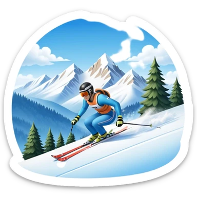 An icon featuring snowy peaks, pine trees, and a picturesque mountain landscape with a skier racing down a snow-covered slope, The sky is blue with soft clouds, capturing the thrill and beauty of alpine skiing. Transparent background highlights the excitement and serenity of winter sports. sticker