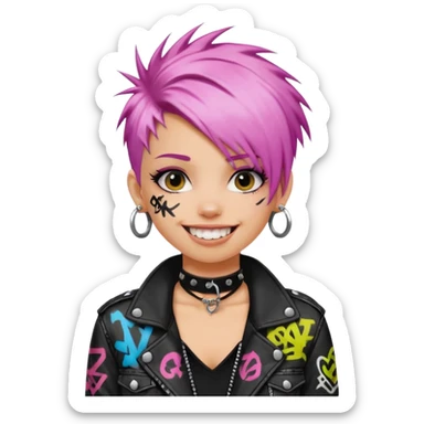 a punk girl with neck-length dyed hair and wear a punk graffiti jacket with black choker grin playfully  sticker