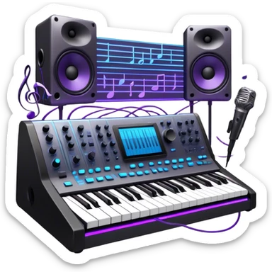 Create a professional and artistic emoji that represents sound design. The design should feature essential sound design equipment, including a high-end Korg synthesizer, a sound mixing console with visible wires, large studio speakers, and a microphone. Surround the equipment with flowing, abstract sound waves and musical notes to symbolize the fluid, creative nature of sound design. Add subtle effects like glowing sound frequencies or swirling patterns to represent the dynamic manipulation of sound. Use sleek, modern colors like black, silver, neon blue, and purple to evoke a sense of innovation and artistic exploration. The background should be transparent. sticker