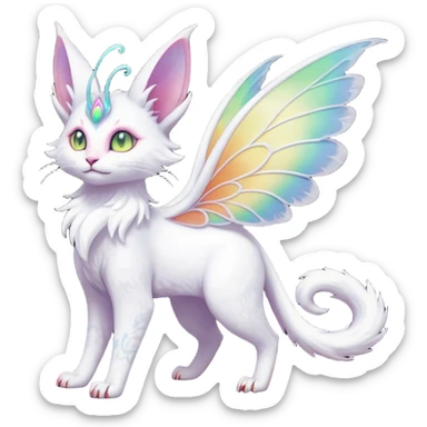 Pure-snow-White albino iridescent with pastel rainbow-gradients-color-markings with swirly patterns butterflies  faerie-Noivern-Noibat-Purloin-Torracat-Lykoi-Caracal-cat-Fakemon-fusion-hybrid-creature sticker