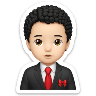 baby boy curly black hair in suit, with red bow sticker