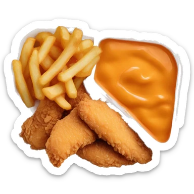 3 chicken tenders with crinkle fries and orange sauce on the side in a styrofoam container styrofoam container sticker