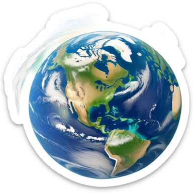 🌍 Cinematic Realistic Earth – A breathtaking, full view of Earth from space, showcasing vivid blue oceans, swirling white clouds, and lush green continents. The curvature of the planet is subtly illuminated by the sun, with a soft atmospheric glow enhancing its life-sustaining beauty. High detail, crisp textures, and realistic lighting bring out the planet's dynamic and ever-changing surface. sticker