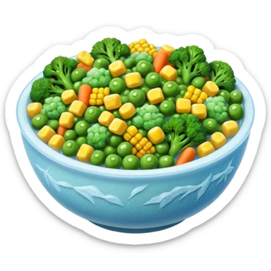 A close-up of a bowl filled with frozen mixed vegetables — peas, carrots, corn, and broccoli — covered with a light layer of frost. The colors are bright but slightly muted from freezing. Natural lighting, high-detail macro food photo. sticker