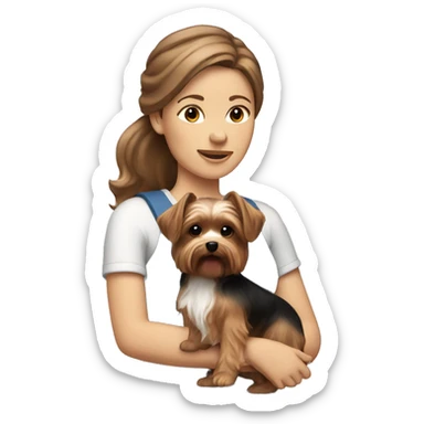 white brown haired women holding a yorkie dog sticker