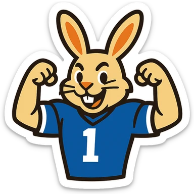 bunny mascot wearing a blue football jersey, flexing sticker