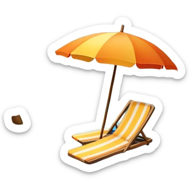 Icon for Beach Tourism: with the blue ocean, orange sunset, yellow sand beach and palm trees in the background, a sun umbrella, flip-flops, and a beach towel on the sand. The icon should represent relaxation and fun at the beach. Transparent background sticker