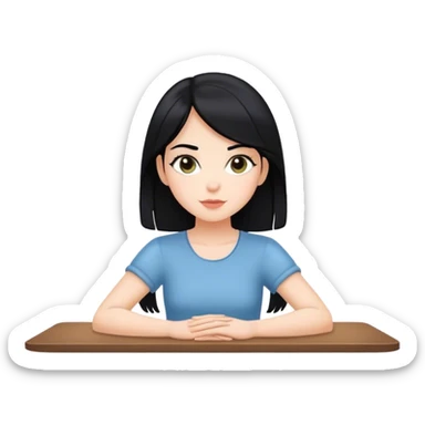 white girl black hair sitting with hands flat on table sticker