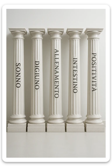 5 pilastri con le scritte "SONNO", "DIGIUNO", "ALLENAMENTO", "INTESTINO", "POSITIVITà" IMMAGINE IPERREALISTICA SFONDO CHIARO IN ITALIANO sticker