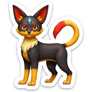 Colorful orange red black yellow Bastet-Umbreon-Gatomon-Vernid-Protogen-Digimon-Fakémon-Pokémon-creature  (full body) sticker