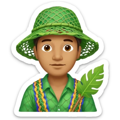 Hawaiian man with colorful cloth and leaf hat green and fishing net sticker