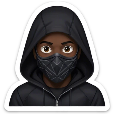 man with black hooded jacket and a full black full-face geometric mask sticker