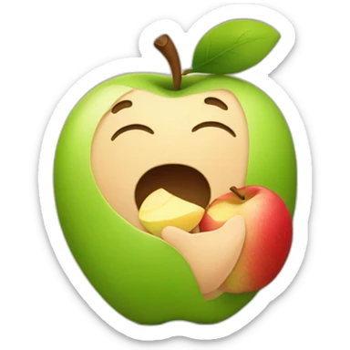 an infant eating an apple in the shape of the apple logo sticker