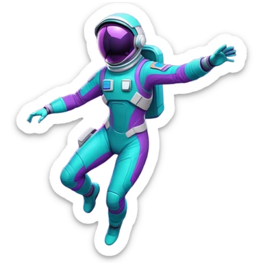 Stylized futuristic astronaut in mid-flight pose, sleek purple and neon teal suit, flat vector design, heroic silhouette, dynamic diagonal motion lines sticker