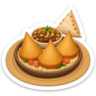 Uzbek cuisine humanless avatar in bright emoji-style illustration. Classic dishes like plov and samsa, warm golden and earthy tones, simple shapes, flat design, high contrast, friendly and appetizing. sticker