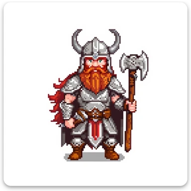 ginger viking warrior with red beard, horned helmet and metal armor, battle axe sticker