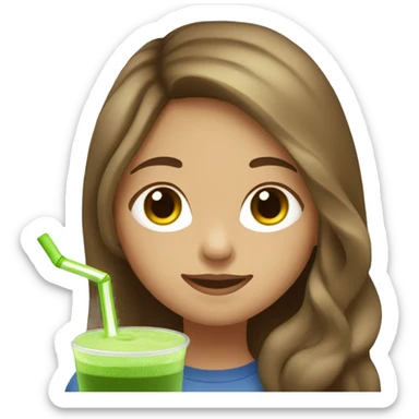 A light skinned girl with long brown hair that’s drinking matcha sticker